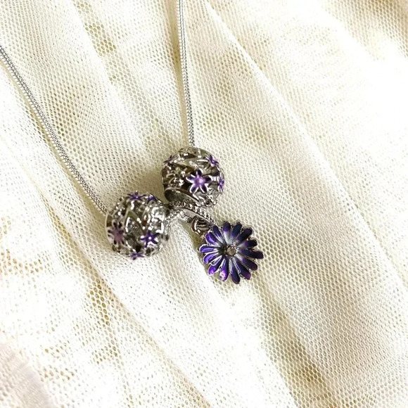 Cute Purple Daisy Floral & Beaded Pendant Sterling Silver Necklace 18" - Picture 4 of 7